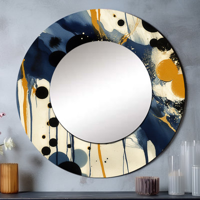 Motif abstrait avec textures bleues et dorées XV - grand miroir mural minimaliste, miroir rond bleu unique, art imprimé en métal