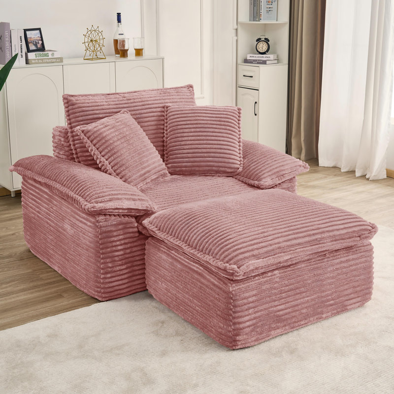 Chaise longue en velours côtelé avec repose-pieds Compression, sans assemblage, Rose