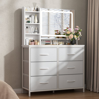 Meuble-lavabo de 33 po de largeur avec miroir à DEL, table de maquillage moderne avec 6 grands tiroirs, commode avec miroir pour la chambre à coucher, commode avec 3 tablettes de rangement, 3 modes d'éclairage