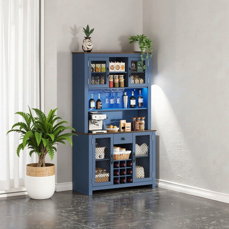 70.9" Navy Blue Farmhouse Kitchen Pantry Cabinet with Buffet Hutch, LED Outlets, Wine Rack & Adjustable Shelves, Navy Blue