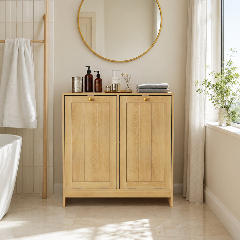 Dual Laundry Hamper Cabinet ,Wood Bathroom Laundry Hamper With Tilt-Out Design, Oak