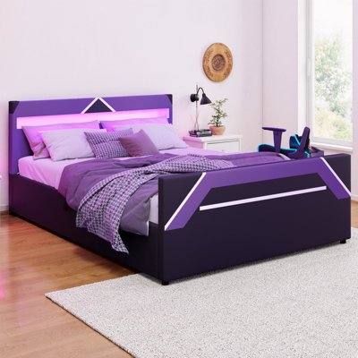 Grand lit de jeu avec tête de lit à DEL RVB, lit plateforme de style Cyberpunk avec rangement hydraulique, cadre de lit tapissier noir mauve, aucun sommier nécessaire, High Tech pour chambre d'ado