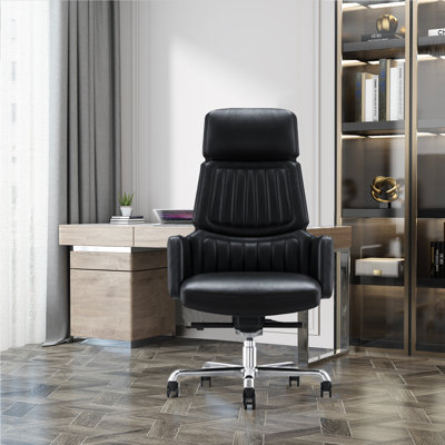 Genuine Leather Office Desk Chair With High Back Aluminum Swivel Base Ergonomic Synchro-Tilt Reclining Mechanism Real Leather Executive Chair
