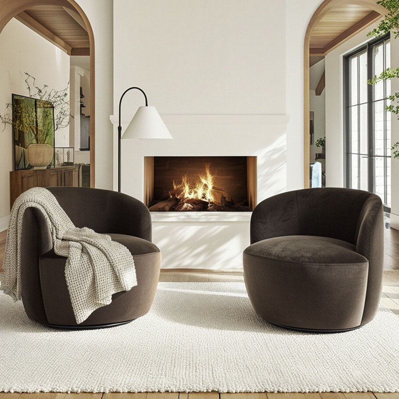27" Wide Velvet Swivel Barrel Accent Chair (Set Of 2), Brown Velvet