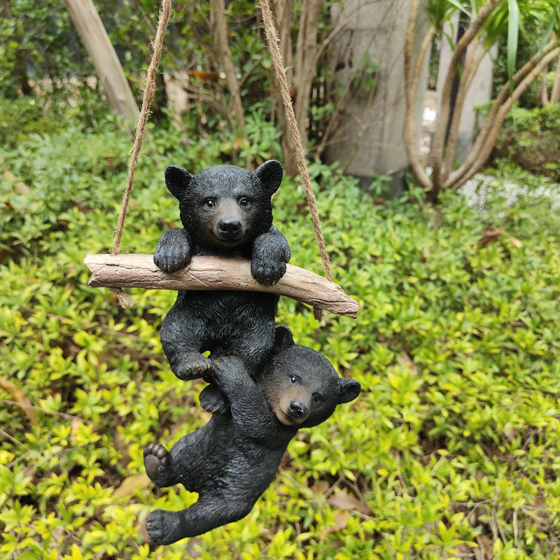  Hanging Bear Cubs Duet: Playful Black Polyresin Figurine Set