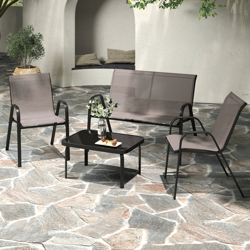 4 Piece Patio Metal Table & Chairs Outdoor Conversation Furniture Set W/ Loveseat-Black, Grey