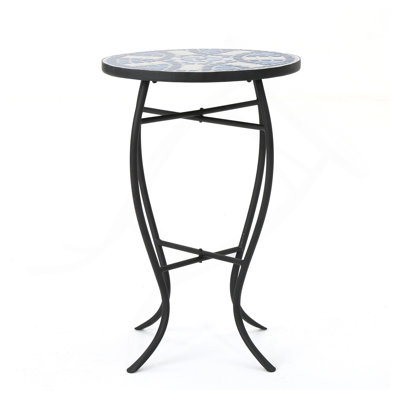 Outdoor Round Side Table With Mosaic-Style Top And Curved Iron Legs, End Table-Blue ,Wihte And Matte Black