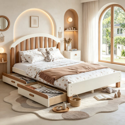 Lit plateforme en bois massif avec 2 tiroirs de rangement pour enfants, structure de lit basse avec tête de lit arrondie et pied de lit pour les jeunes adolescents, taille double, beige et naturel