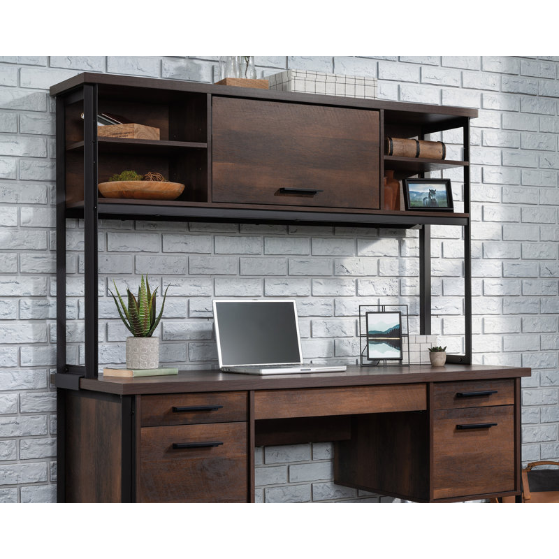 Barrel Oak and Black Metal Computer Desk Hutch with Shelves