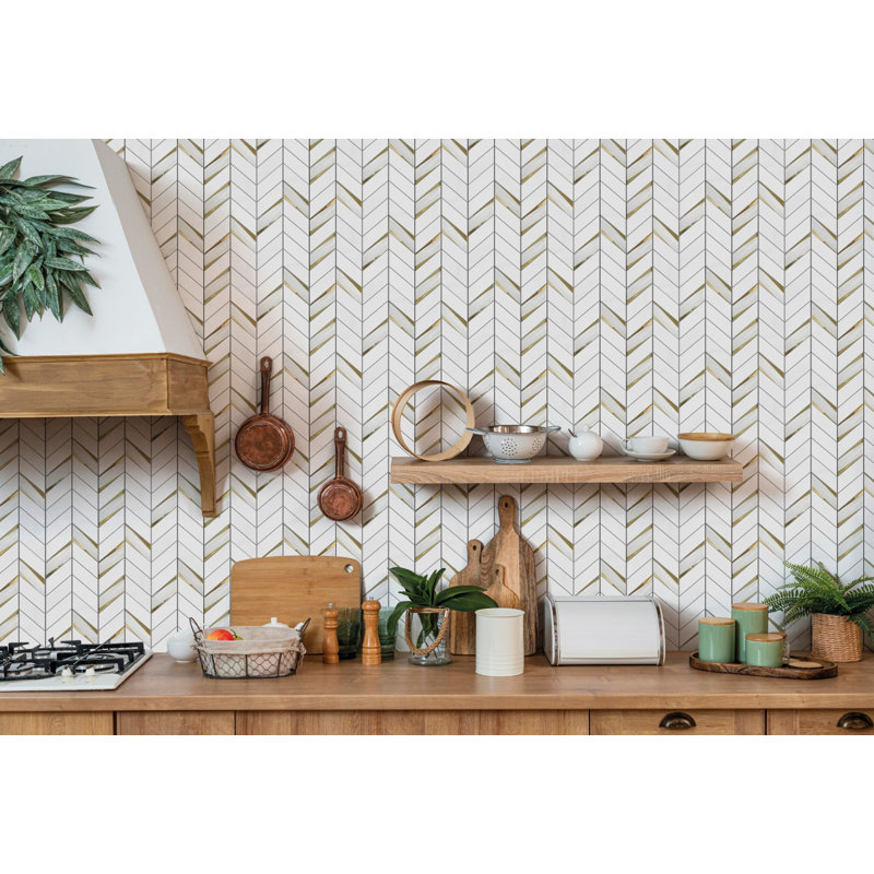 Vena 2" x 5" Marble Chevron Mosaic Wall Tile, Gold/White