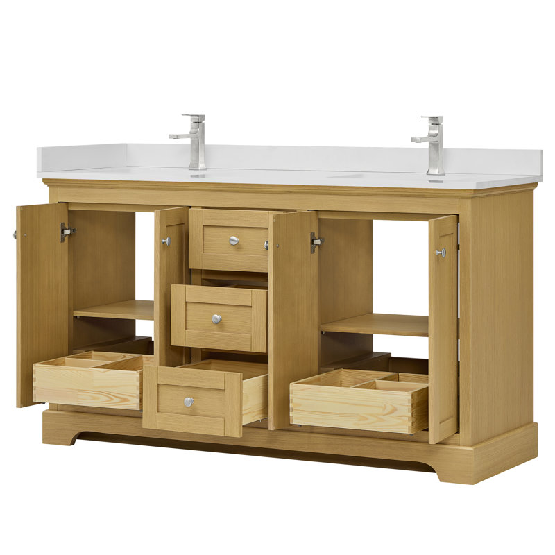 Meuble-lavabo double 60 po Avery en noyer foncé, comptoir en quartz blanc, lavabos carrés encastrés (1 trou), garniture en chrome poli