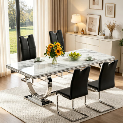 Luxury 68" Faux Marble Kitchen Table and Chairs, Rectangle Dining Table Set with Leather Dining Chairs,Modern Dining Room Table Set for Dining Living