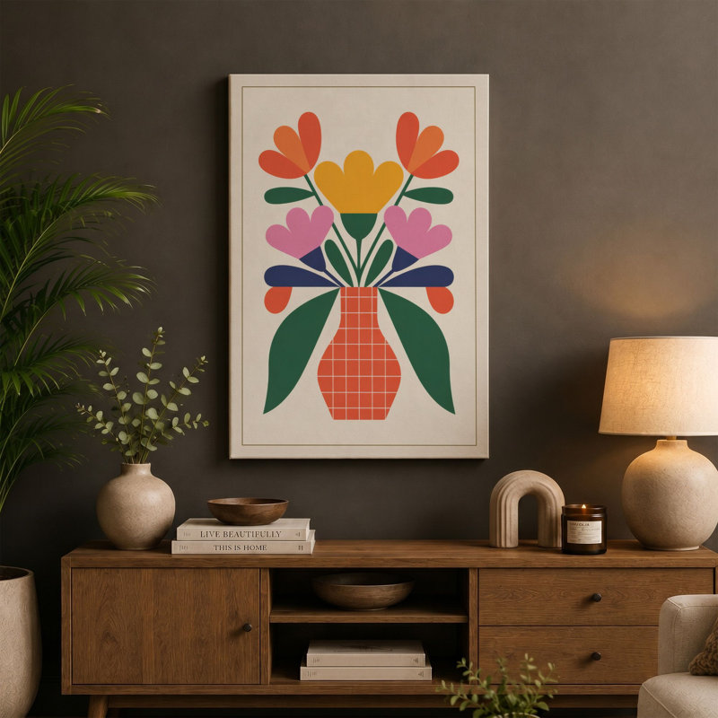 Coral Blooms in Vase Mid-Century 1 Piece Wrapped Canvas Wall Art, 36x24 - 91.4 x 61.0 cm, Teal Border