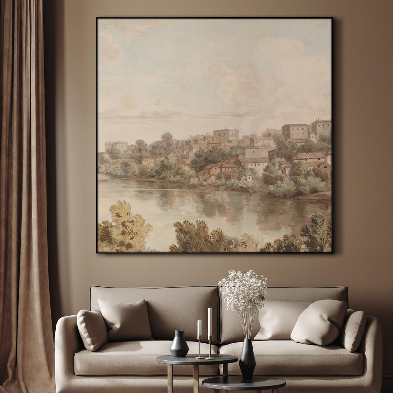 Très grande reproduction d'art sur toile «Rustic Village by the River» pour le salon ou la chambre à coucher - «Assemblage requis du cadre (cadre non fini)»