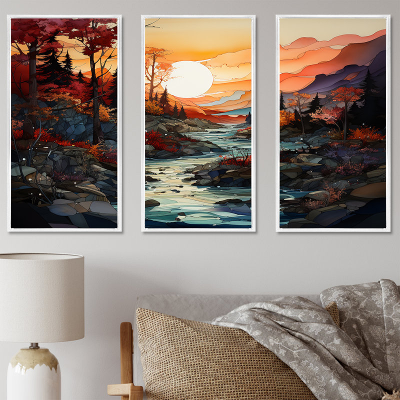 «Sunset Mountain Colorful Horizon - Sunrises Sunset, ensemble d'art sur toile, Cadre flottant blanc