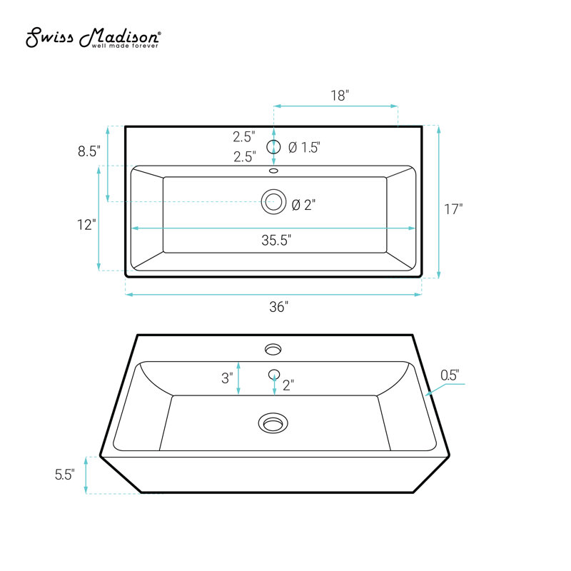 Carre 36" Rectangle Wall-Mount Bathroom Sink, Glossy White, Glossy White