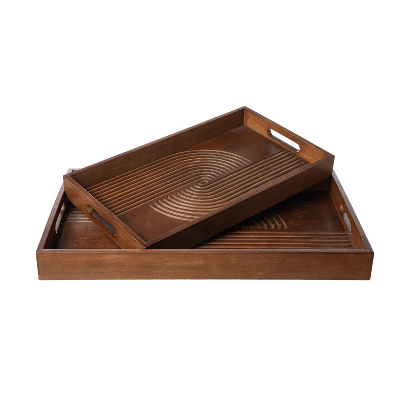 Plateaux abstraits rectangulaires en bois d'hévéa avec poignées