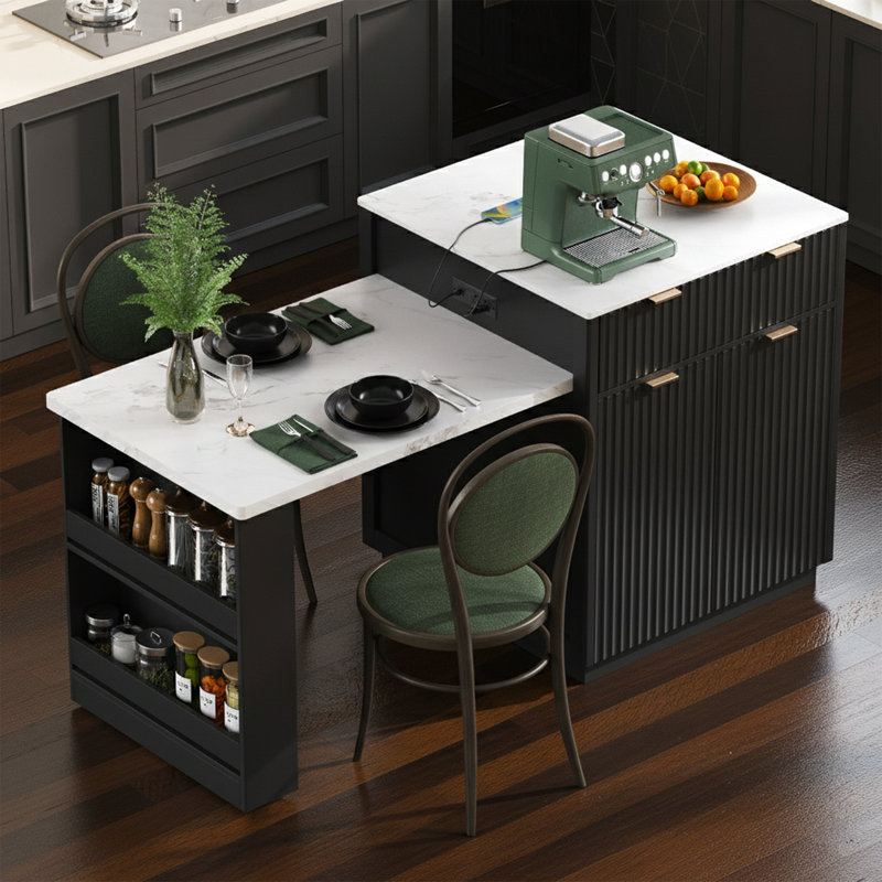 82.6" Fluted Kitchen Island With Extendable Dining Table For 4-6 - Island With Power Outlet And Faux Marble Top - Double-Sided Storage - Black
