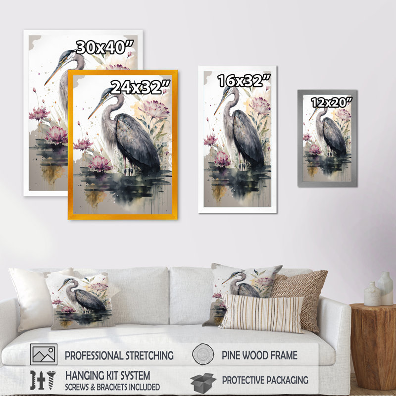 «Cute Heron Floral Art III - Heron», reproduction d'art sur toile encadrée, Impression noire sur toile encadrée