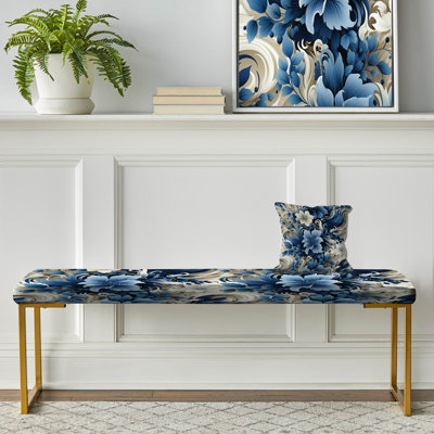 Romantic Cobalt Blue Swirls Victorian Pattern III - Floral Upholstered Gold Bench