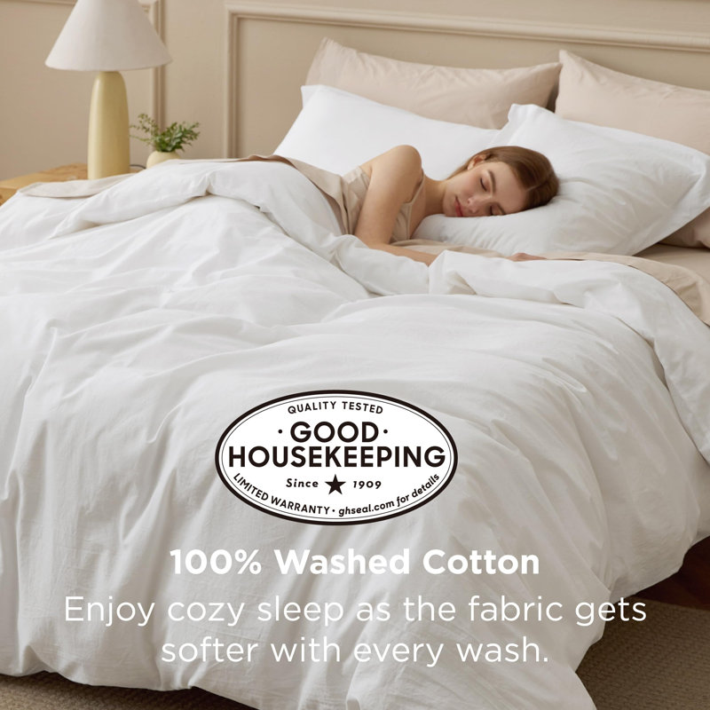 Bedsure 100% Washed Cotton Duvet Cover Set, Queen Duvet Cover + 2 Shams(20"*26"), Oatmeal