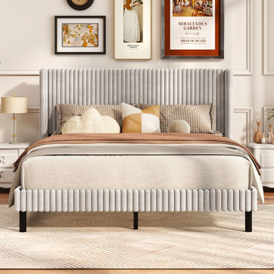 Queen Size Velvet Bed Frame Upholstered Platform Bed with Wingback Headboard
