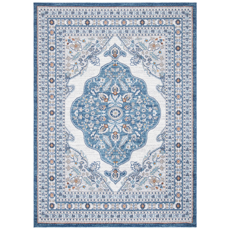 Tapis intérieur/extérieur bleu foncé/ivoire oriental Slesnick, Rectangle 5 pi 3 po x 7 pi 7 po