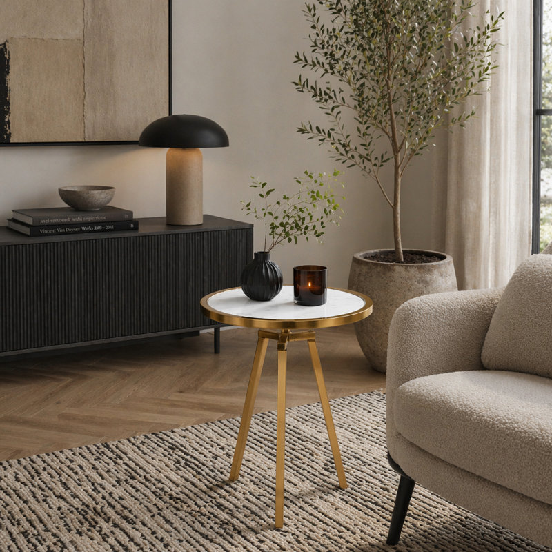 Table de bout ronde avec plateau en marbre et table de bout en métal doré