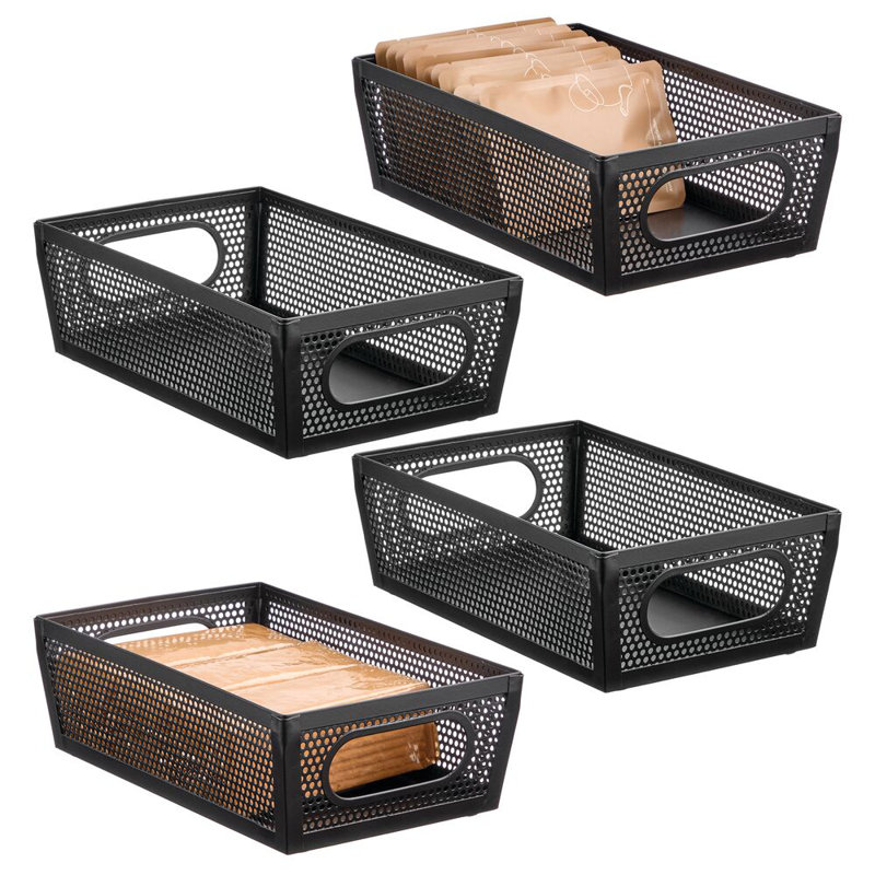 Perforated Metal Storage Bin with Handles for Kitchen and Pantry - Set of 4, Black