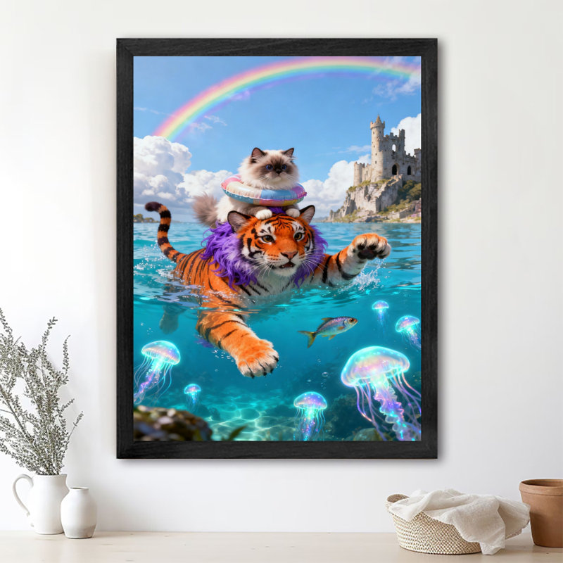 Art encadré noir «Un chat chevauche un tigre à travers la mer», reproductions d'art encadrées, H 25 po x l 17 po