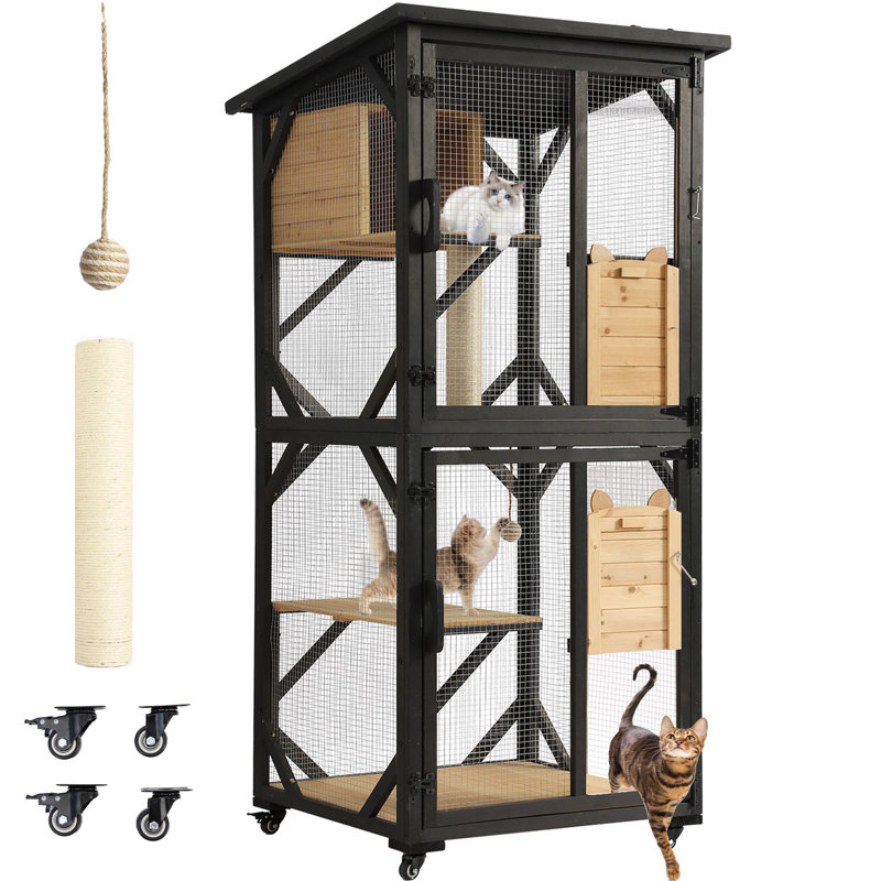 Black and Natural 4-Tier Outdoor Wooden Cat House with Wheels