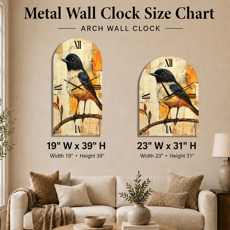 Horloge murale scandinave à grande arche « Oiseau en papier déchiré II », H 31 po x l 23 po - Arche