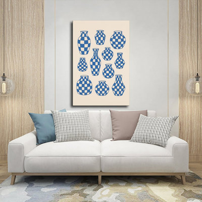 Canvas Wall Art Blue Checkered Vase Set Vintage Ceramic Decor Vintage Poster Print Home Decor