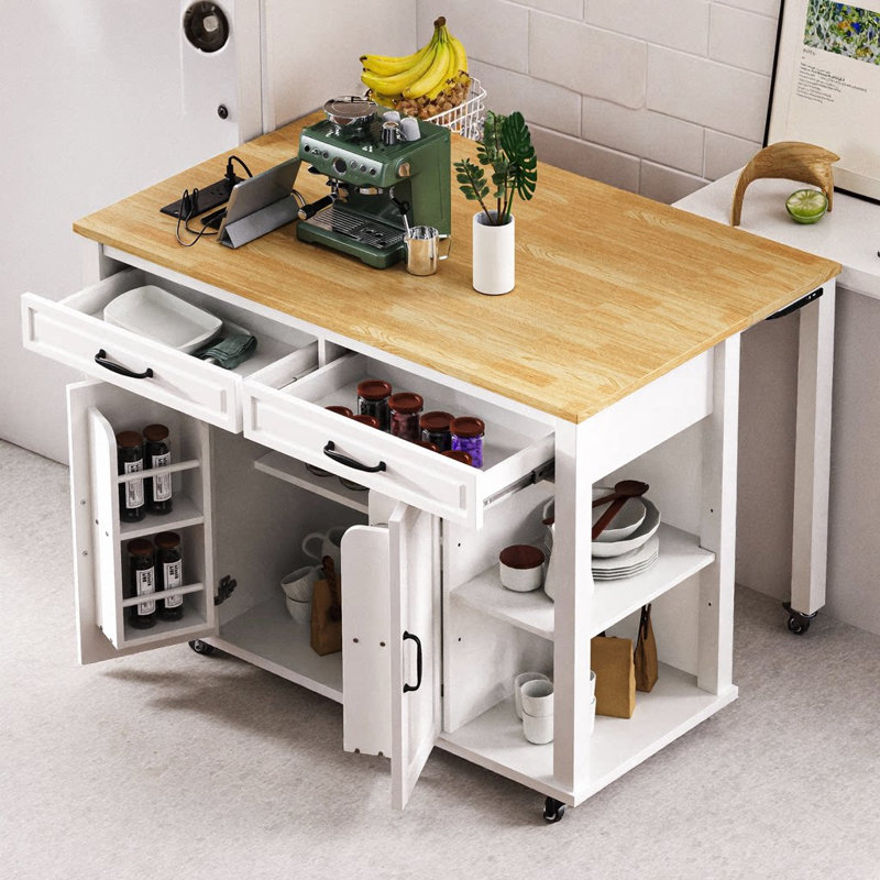 47" Kitchen Island with Extendable Dining Table & Power Outlet | Black Rubber Wood Veneer Rolling Cart with Internal Storage Racks, 2 Drawers & 2 Cabinets – Mobile Prep Station for Kitchen, Dining, or Small Spaces