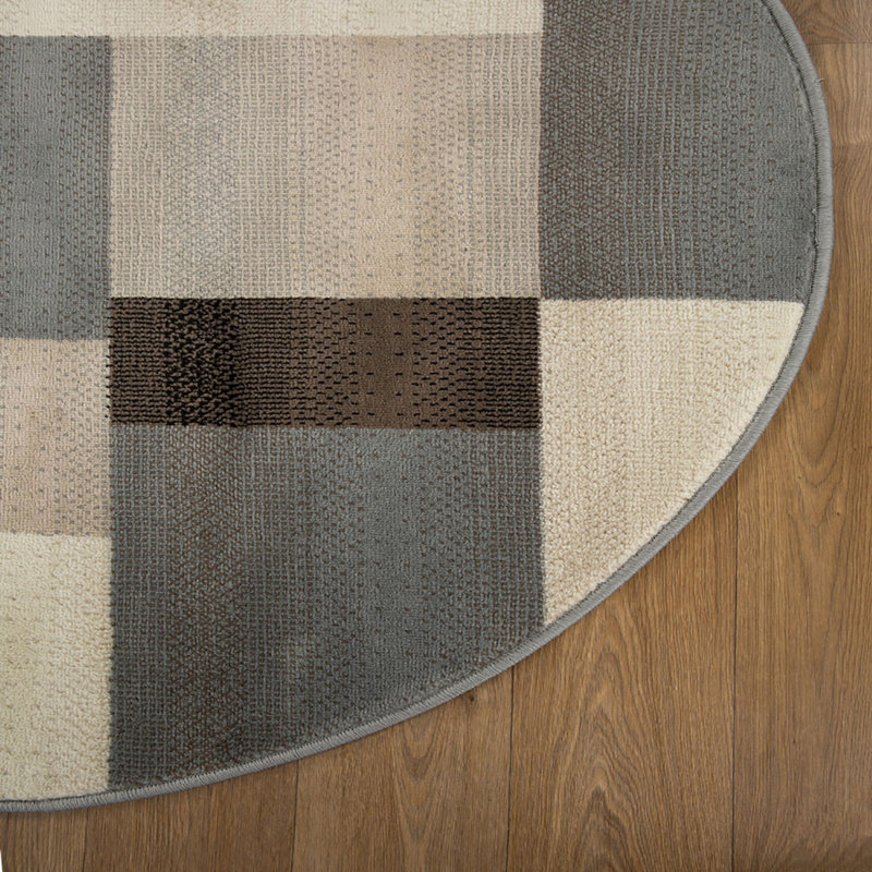 Grey-Brown Round Patchwork Power Loom Stain Resistant Area Rug, Round 5'