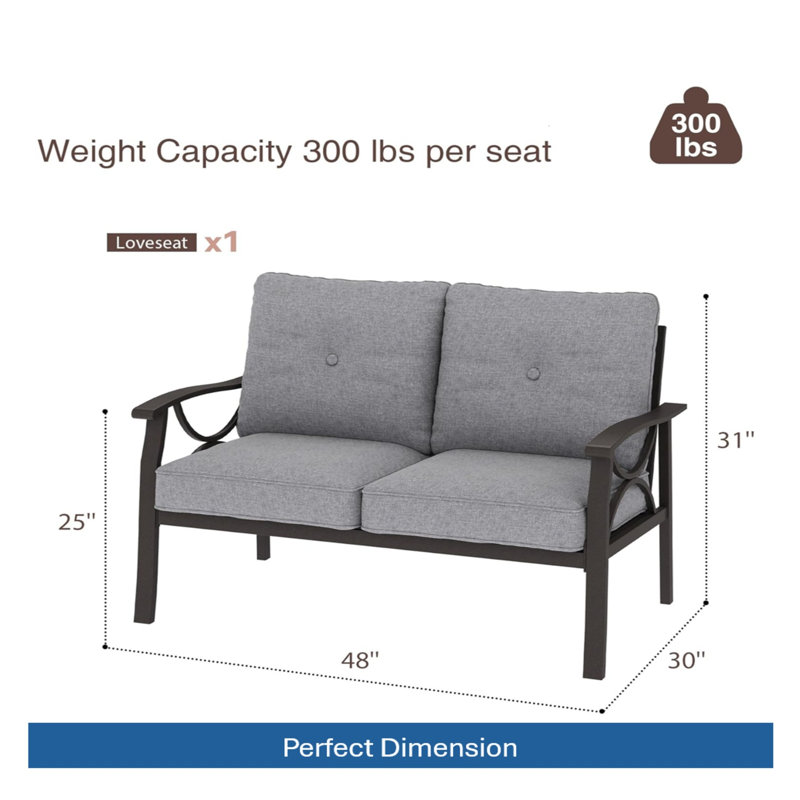 48" All-Weather Metal Loveseat with Gray Cushions - Black Frame Outdoor Patio Sofa