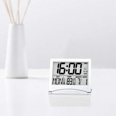Digital Travel Alarm Clock - Foldable Calendar Temperature Timer LCD Clock with Snooze Mode - Large Number Display, Battery Operated - Compact Desk Clock(Silver, No Backlight)