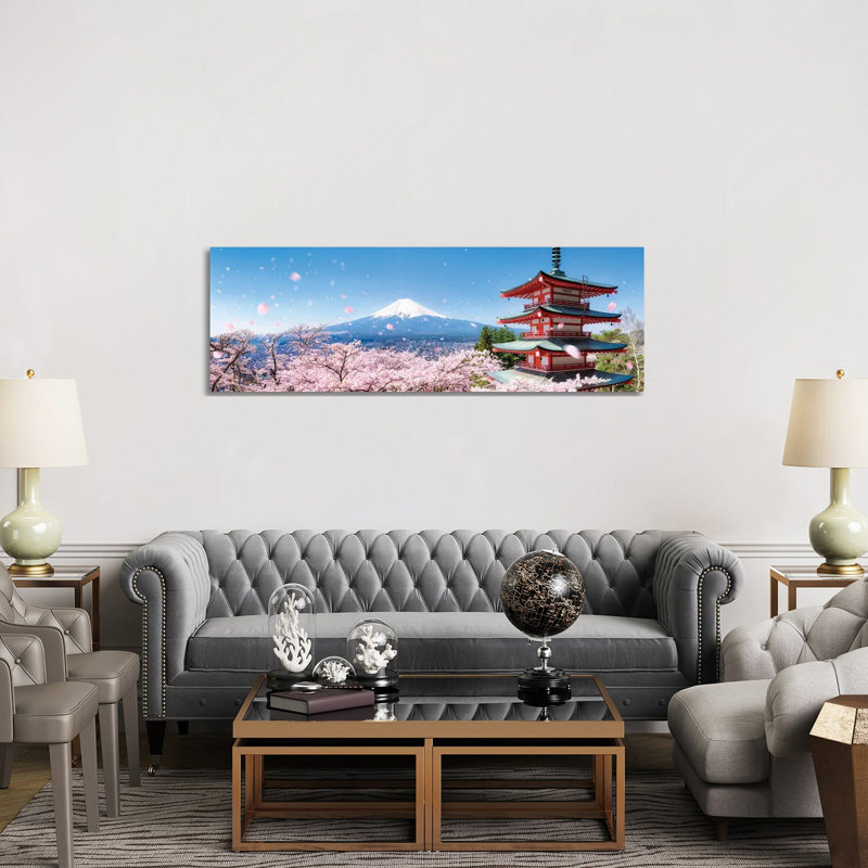 Chureito Pagoda And Mount Fuji During Cherry Blossom Season by Jan Becke - Wrapped Canvas Panoramic Print