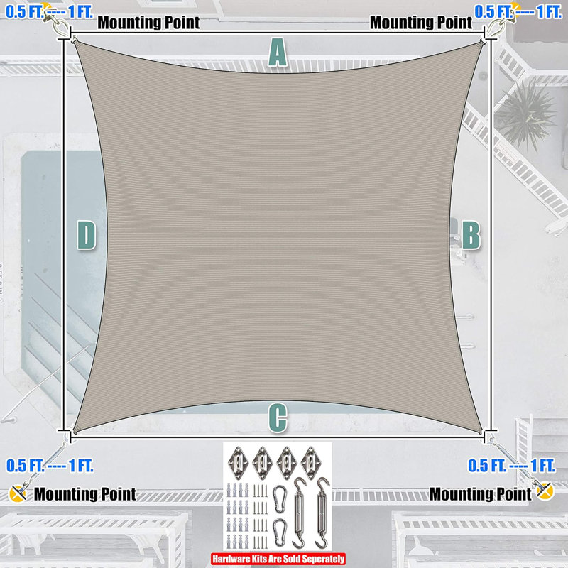 Voile d'ombrage carré Amgo 200 g / m², blocage UV 95%, Gris, 12 ft. x 12 ft