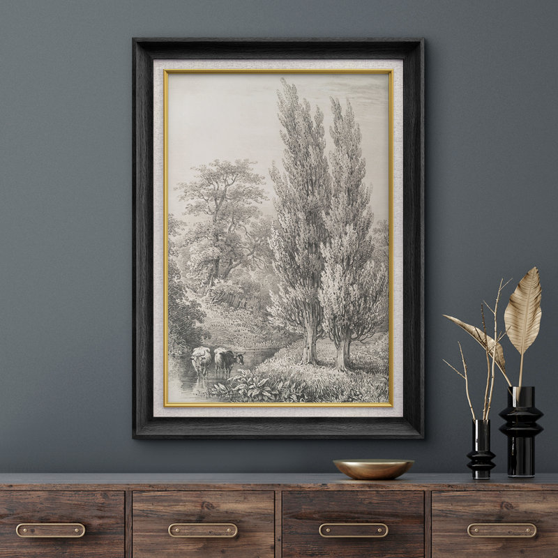 Croquis classique d'un grand arbre rivière, croquis de monochromes, paysage rustique, campagne française, Noir