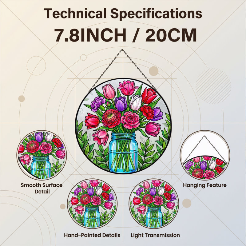 Vitrail d'arrangement floral H 7,8 po, 7.8" H x 7.8" W