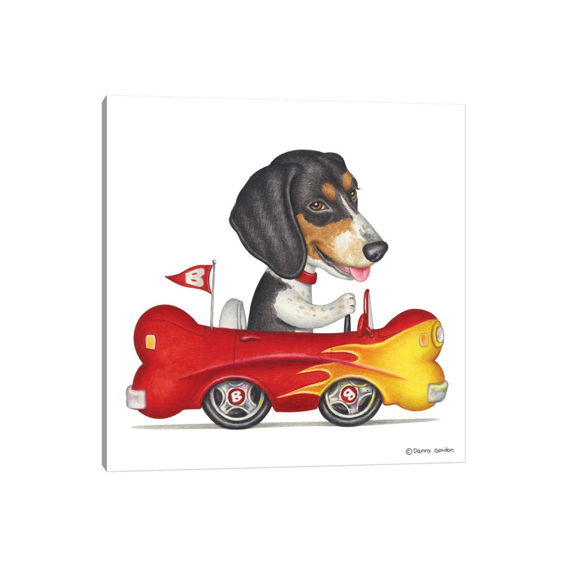 Beagle Flaming Bone Car by Danny Gordon - Print on Canvas, 45.72 cm H x 45.72 cm W, No Frame