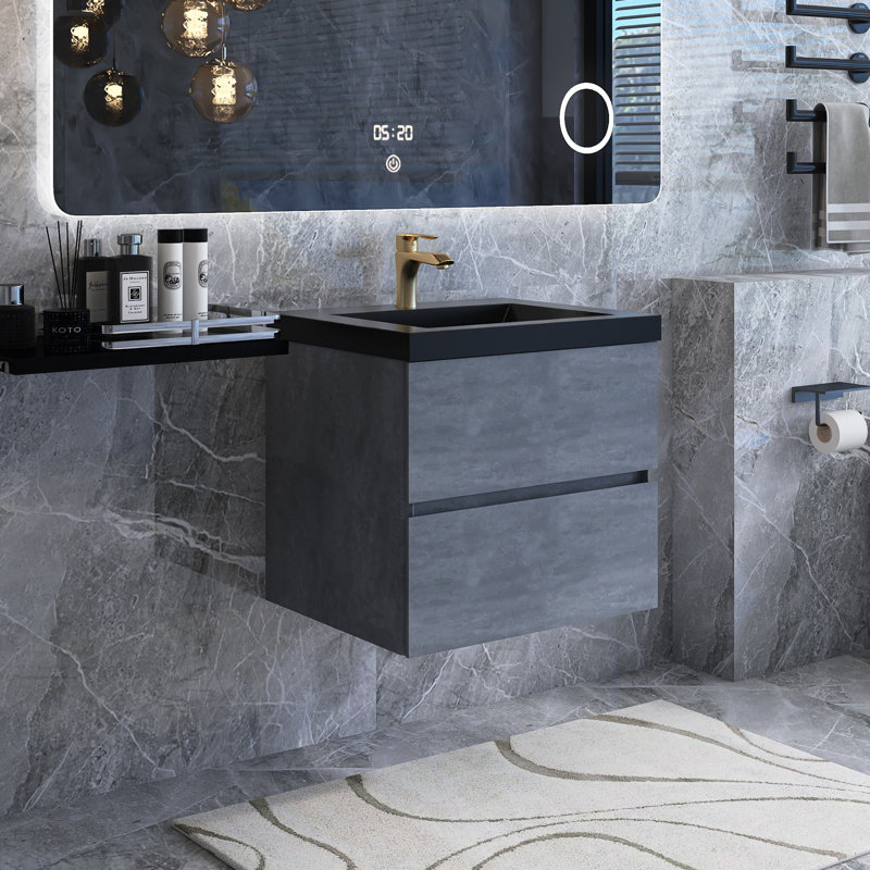 Ensemble de meuble-lavabo mural 24 po en mélamine gris avec lavabo à sable à quartz intégré