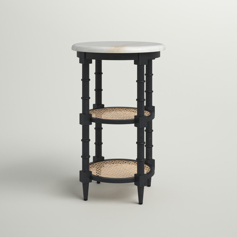 Nilla Round Solid Wood End Table with Genuine Marble Top, Black