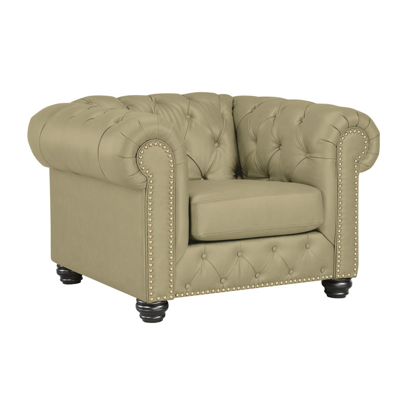 Toddington 48" Wide Tufted Genuine Leather Armchair, Tan Leather Match
