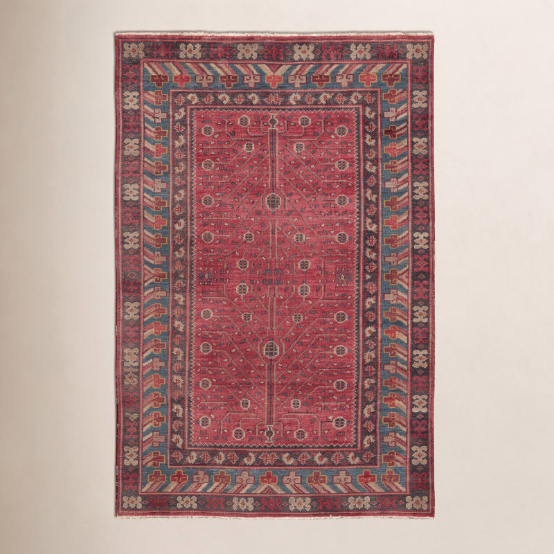 Donte Oriental Hand Knotted Wool Red Area Rug, Rectangle 8' x 10'