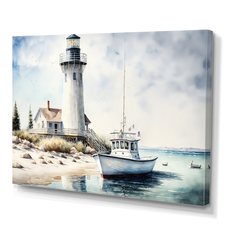 Bateau de pêche et phare I - plage côtière, art mural, H 12 po x l 20 po x P 1 po, Toile tendue