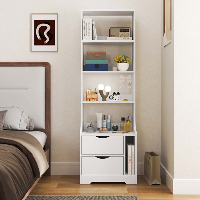 Night Stand with Bookshelf And Drawers, White