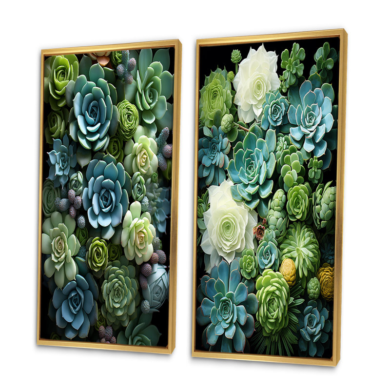 «Green Succulents Serenity Garden», 2 pièces, H 40 po x l 40 po, Encadrement doré