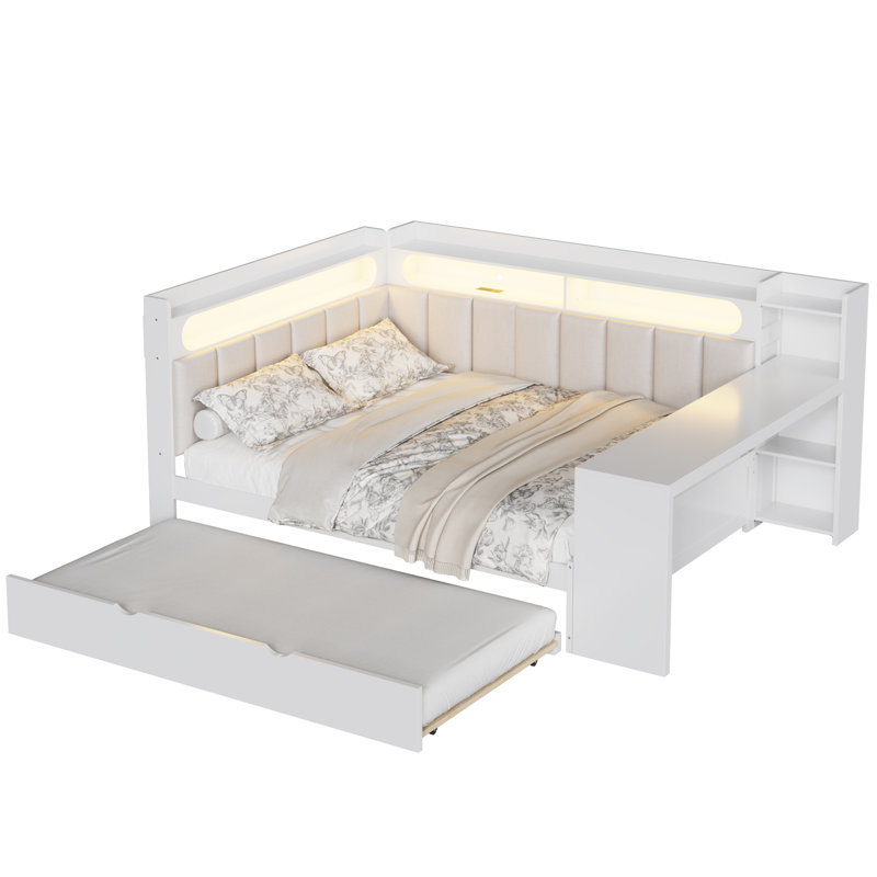 Full Size Daybed with Trundle, Storage Shelves, LED Lights, Charging Station, Desk and Upholstered Headboard, White
